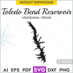 May include: Black and white silhouette map of Toledo Bend Reservoir, located on the border of Louisiana and Texas. The map shows the shape of the reservoir, with its many inlets and coves. The text "INSTANT DOWNLOAD" and "2 MAPS" are also visible in the image.