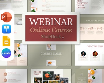 May include: A presentation slide deck template for an online course or webinar. The template features a green and brown color scheme with images of oranges and flowers. The text on the slides includes "Webinar Online Course Slide Deck v2", "Course Overview", "Brief Overview of the Course", "eCourse Modules", "Welcome Team", "Course Name", "Mood Board", "Our Values", and "Feature Name".