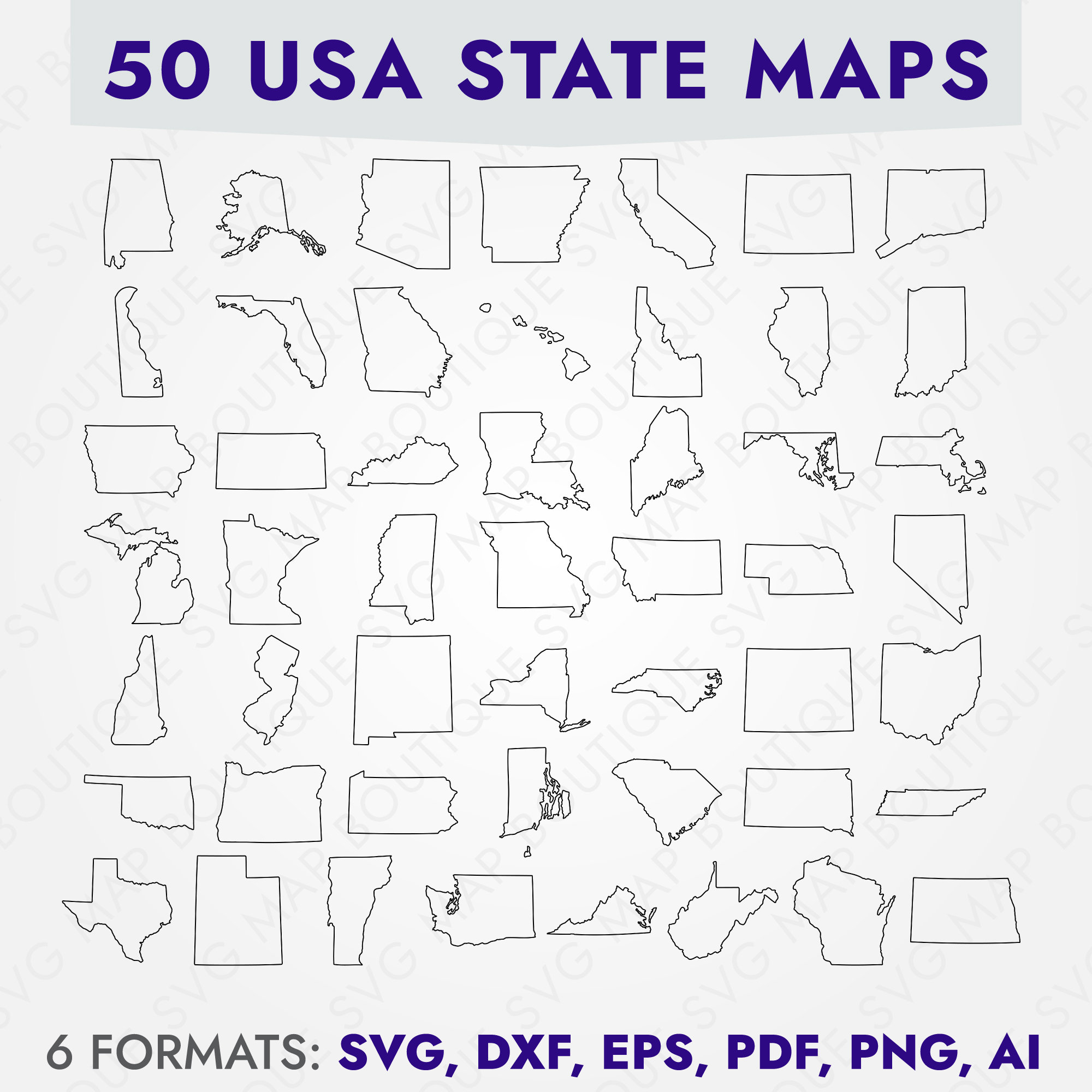 USA States Outlined SVG Maps: 50 State Shapes Clipart (digital Download ...