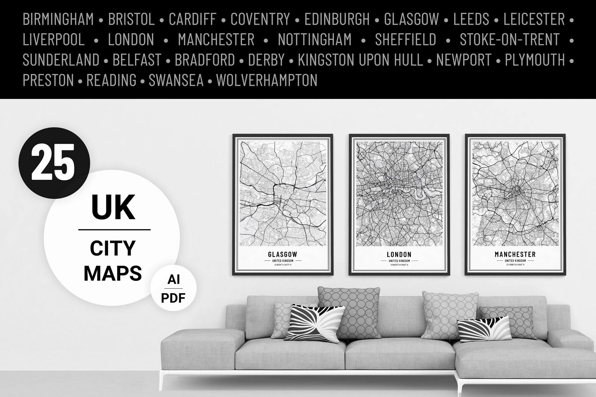 UK City Street Maps, Print Art, Modern Wall Art, Custom City Map