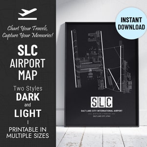 May include: A black and white printable map of Salt Lake City International Airport (SLC) with the airport code "SLC" in large white letters. The map shows the layout of the airport with runways, taxiways, and terminals. The text "INSTANT DOWNLOAD" is in a white box with a blue outline in the top right corner.