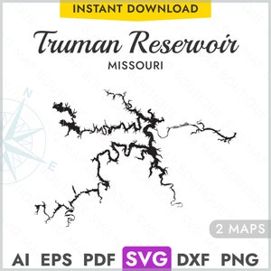Truman Stausee Missouri SVG Karte Form Silhouette, Vektor See Karte Laserschneiden Gravur Cricut, Glowforge, CNC, pdf, dxf, eps, png