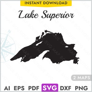 May include: Black and white silhouette of Lake Superior, the largest of the Great Lakes. The image includes the text "Lake Superior" and "2 Maps".