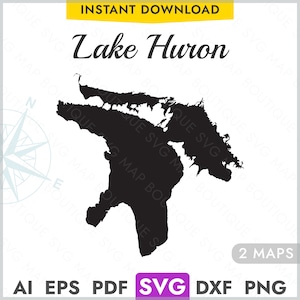 Può includere: Silhouette nera e bianca del Lago Huron, un grande lago d'acqua dolce in Nord America. L'immagine include il testo "Lake Huron" e "2 MAPS".