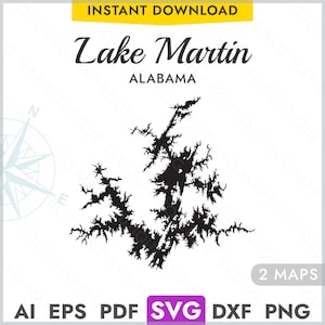 Lake Martin Alabama SVG Karte Form Silhouette, Vektor See Karte Laserschneiden Gravur Cricut, Glowforge, CNC, pdf, dxf, eps, png