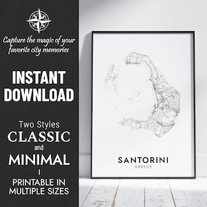 Impression de carte de Santorin | Carte de la ville de Santorin, Grèce | Poster personnalisé | Carte imprimable | Cadeau personnalisé | TÉLÉCHARGEMENT NUMÉRIQUE INSTANTANÉ