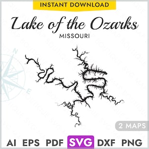 Lac des Ozarks Missouri SVG carte forme Silhouette, vecteur lac carte découpe laser gravure Cricut, Glowforge, CNC, pdf, dxf, eps, png