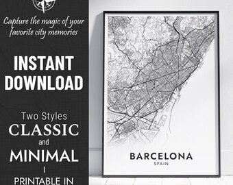 Barcelona City Map Print: Minimalist or Classic Styles (Digital Download)