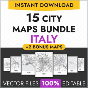 Bundel met 15 stadskaarten van Italië, bewerkbare vectorstadskaarten, aangepaste afdrukbare kaartposter, stadsplattegronden, pdf, AI, Rome, Venetië, Milaan, Florence