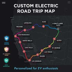 May include: A custom electric road trip map showing a route across the western United States. The map displays charging stations and travel times. Text reads "Personalized for EV enthusiasts."