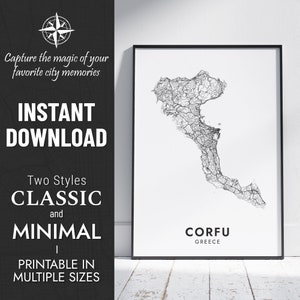 Impression de carte de Corfou | Carte de la ville de Corfou, Grèce | Île de Corfou | Poster personnalisé | Carte imprimable | Cadeau personnalisé | TÉLÉCHARGEMENT NUMÉRIQUE INSTANTANÉ