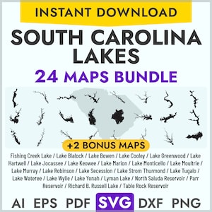 South Carolina Lakes SVG Karten Bundle, 24 Seekarten Vektorform Seekarte Laserschneiden Gravur Cricut, Glowforge, Canva, CNC, pdf, dxf png