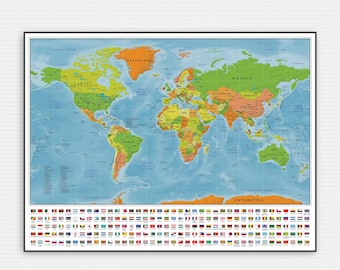 Political World Map Poster: Printable, Educational and Decorative Art with Country Flags (Digital Download)