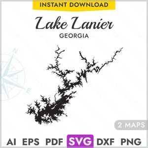 May include: Black and white map of Lake Lanier, Georgia, with the text "Lake Lanier GEORGIA" at the top. The image includes the words "INSTANT DOWNLOAD" and file type options: AI, EPS, PDF, SVG, DXF, and PNG.