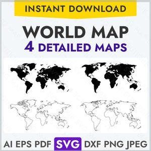 Detailed World Map SVG, Silhouette World Map Vector, Outlined World Map Clipart Shape in png, dxf, eps, ai, jpeg, for engrave laser print