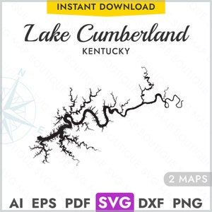 Silhouette de forme de carte SVG Lac Cumberland Kentucky, carte vectorielle du lac Découpe Laser gravure Cricut, Glowforge, CNC, pdf, dxf, eps, png
