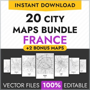 20 Frankreich Stadtkarten Bundle, bearbeitbare Vektor Stadtkarten, individuell druckbare Karte Poster, Stadt Straßenkarten, PDF, AI, Paris, Lyon, Marseille, Nizza
