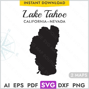 Lake Tahoe Kalifornien Nevada SVG Karte Form Silhouette, Vektor See Karte Laserschneiden Gravur Gravur Cricut, Glowforge, CNC, pdf, dxf, eps, png