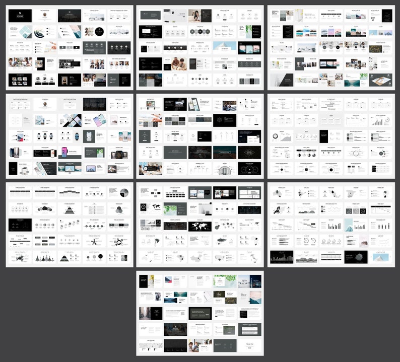 May include: A collection of 100+ presentation slides featuring a variety of layouts and design elements. The slides are in black and white with a modern minimalist aesthetic. The slides include charts, graphs, icons, and images.