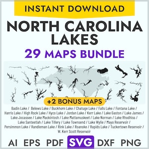 North Carolina Lakes SVG Maps Bundle, 29 Lake Maps Vector Shape Lake Map Laser Cutting Engraving Cricut, Glowforge, Canva, CNC, pdf dxf, png