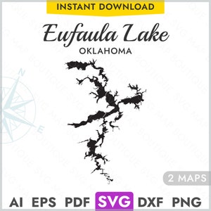 May include: A black and white outline map of Eufaula Lake in Oklahoma. The map is in the shape of the lake, with many inlets and coves. The text "Eufaula Lake" and "OKLAHOMA" is above the map.
