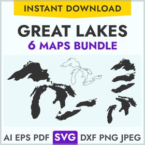 Grote meren SVG-kaarten, 6 kaarten bundel silhouet vormen, grote meren geschetst in svg, png, dxf, eps, ai, jpeg, voor graveren, laser, afdrukken