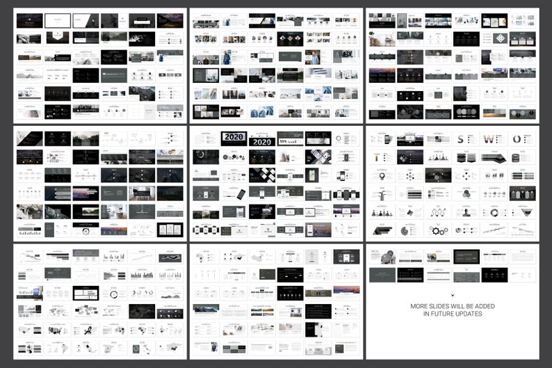 May include: A collection of 100+ black and white presentation slides with various charts, graphs, and diagrams. The slides feature a modern and minimalist design with a focus on data visualization. The text "2020" and "SE WE OF" are visible on some of the slides.