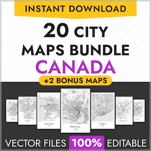 Lot de 20 cartes de la ville du Canada, plans de la ville vectoriels modifiables, affiche de carte imprimable personnalisée, plans de la ville, PDF, AI, Toronto, Montréal, Vancouver
