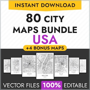80 USA Stadtkarten Bundle, bearbeitbare Vektor Stadtkarten, individuell druckbare Karte Poster, Stadt Straßenkarten, PDF, New York, Los Angeles, San Francisco