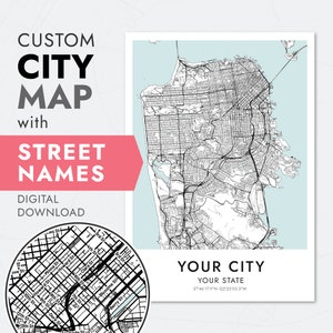 Impresiones personalizadas de mapas de la ciudad con nombres de calles, póster del mapa de la ciudad con etiquetas de calles, arte de la pared con impresión de la ciudad, mapa personalizado de la ciudad, mapa imprimible