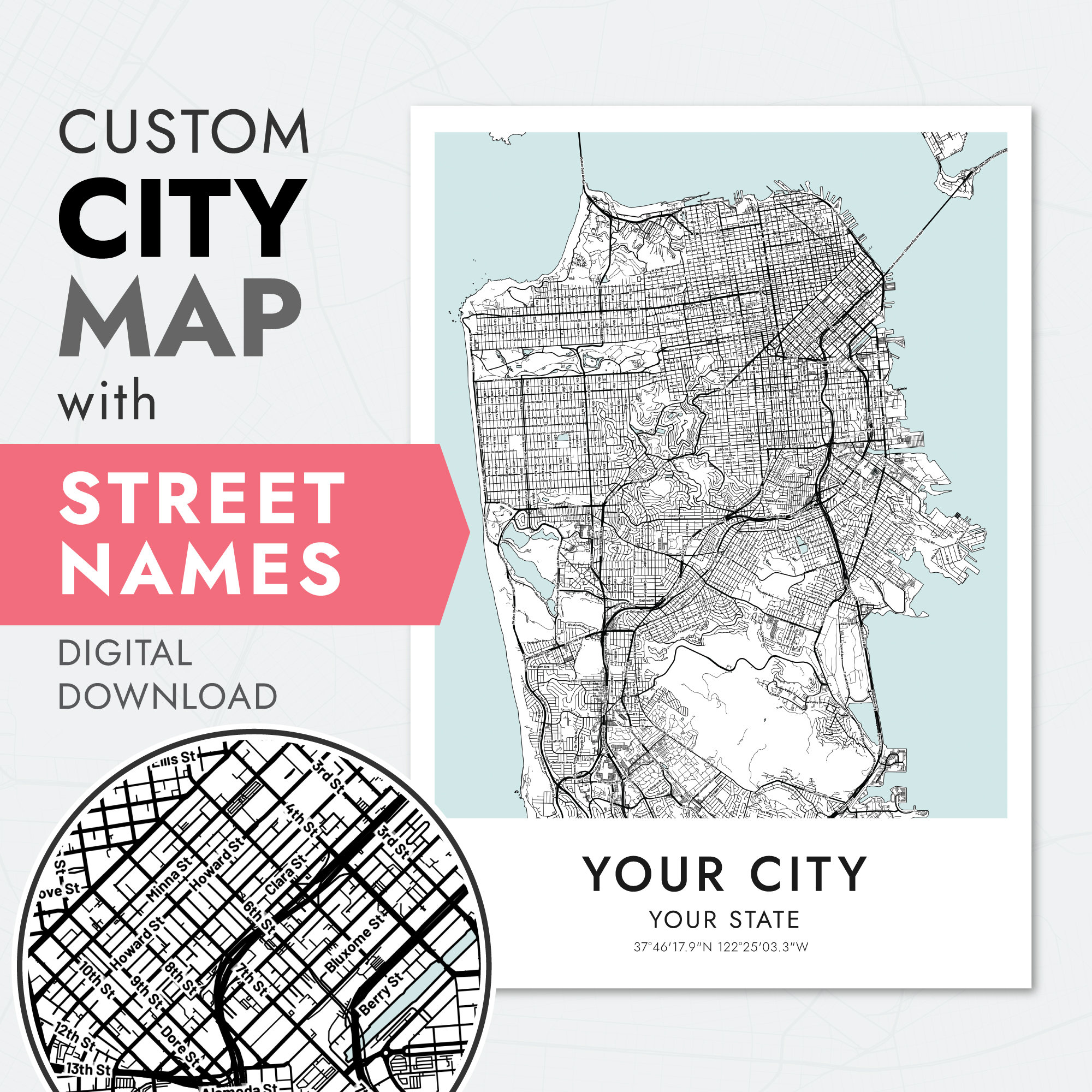 custom-city-map-prints-with-street-names-city-map-poster-with-street-labels-city-print-wall-art-personalized-city-map-printable-map-etsy for Free Printable City Street Maps Custom City Map Prints With Street Names, City Map Poster With Street Labels, City Print Wall Art, Personalized City Map, Printable Map - Etsy for Free Printable City Street Maps