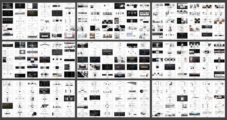 May include: A collection of 100+ presentation slides featuring a variety of design elements, including charts, graphs, icons, and images. The slides are designed in a minimalist style with a black and white color scheme.