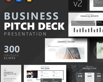 May include: A black and white presentation template for a business pitch deck. The template includes 300 unique slides and features a modern design with a skyscraper image. The text "Business Pitch Deck Presentation" is displayed in large, bold letters at the top of the image. The text "300 Unique Slides" is displayed below the title. The template includes slides for financial reports, company history, the team, and pricing plans.