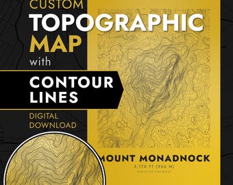 Mapa topográfico en dorado y negro / Impresión artística personalizada de lujo de montañas doradas para amantes de las actividades al aire libre
