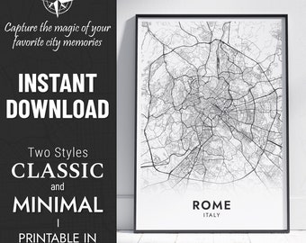 Kaart van Rome afdrukken | Rome, Italië stadskaart kunst | Roma, Italië | Aangepaste poster | Afdrukbare kaart | Gepersonaliseerd cadeau | DIRECT DIGITALE DOWNLOAD