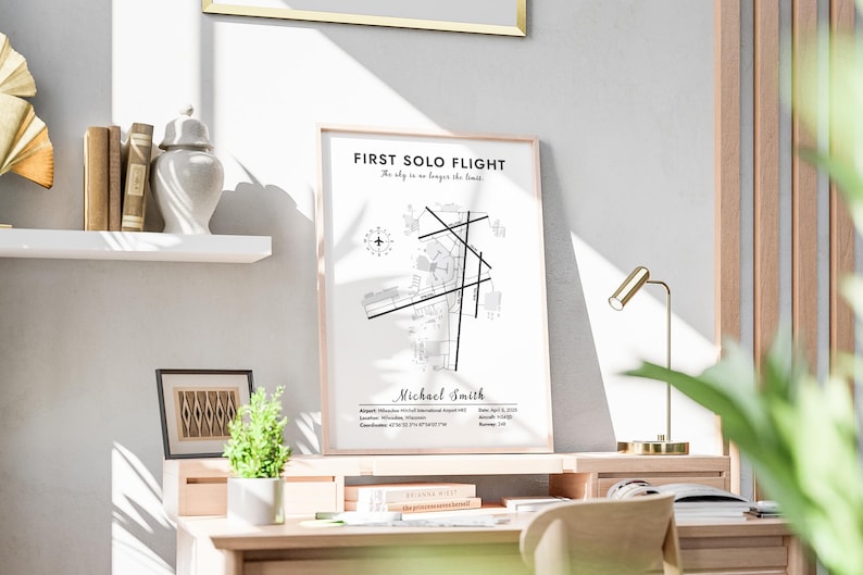 Happy pilot with custom flight map, Customer photo with solo flight gift, Review quote for aviation map gift, Positive feedback on personalized flight poster, Gift reaction from student pilot's first flight