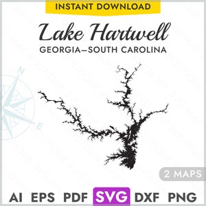 Lake Hartwell Georgia, South Carolina SVG Karte Form Silhouette, Vektor See Karte Laserschneiden Gravur Gravur Cricut, Glowforge, pdf, dxf, eps png
