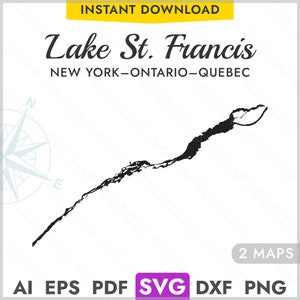 Lake St. Francis New York, Ontario SVG kaart vorm silhouet, vector Lake kaart lasersnijden gravure Cricut, Glowforge, pdf, dxf, eps, png
