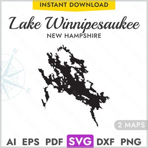 Lake Winnipesaukee Florida SVG kaart vorm silhouet, Vector Lake kaart lasersnijden gravure Cricut, Glowforge, CNC, pdf, dxf, eps, png