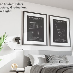 Framed solo flight map in modern home decor, Aviation map gift styled in interior space, First solo map print for pilot home office, Custom framed print of airport map for pilot, Aviation themed printable wall art gift