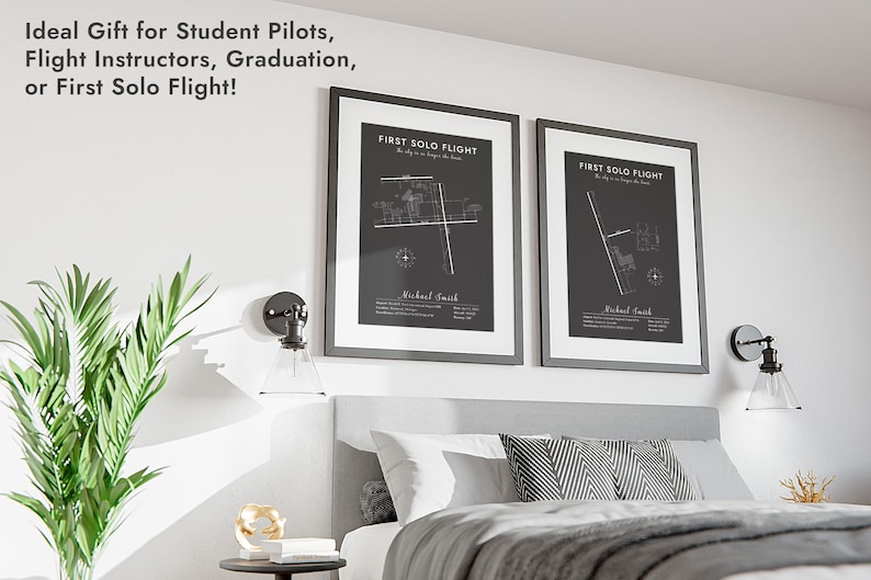 Framed solo flight map in modern home decor, Aviation map gift styled in interior space, First solo map print for pilot home office, Custom framed print of airport map for pilot, Aviation themed printable wall art gift