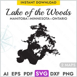 Silhouette de forme de carte SVG du lac des bois, vecteur de carte du lac des bois découpe laser gravure Cricut, Glowforge, CNC, pdf, dxf, eps, png