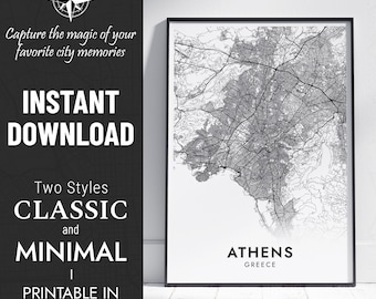 Athens Greece Map Print: Minimalist City Art (Digital Download)