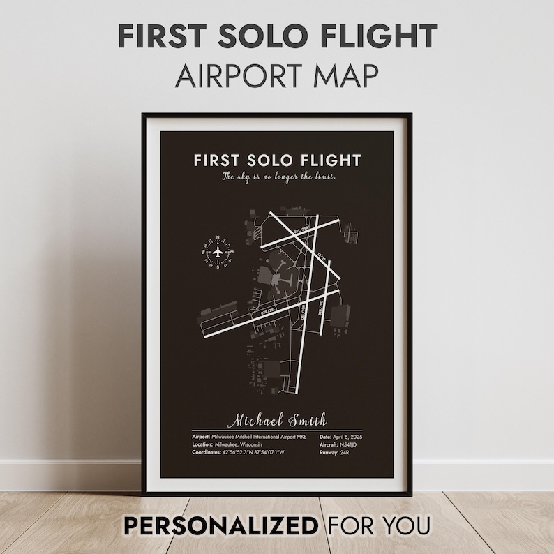 Custom first solo flight aviation map poster, Personalized pilot gift wall art, First solo flight airport runway map print, Printable aviation decor for pilots, Black and white airport diagram poster