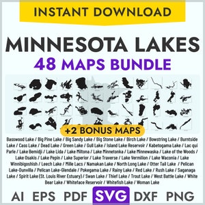 Minnesota Lakes SVG Maps Bundle, 48 Lake Maps Outline Shape Lake Map Laser Cutting Engraving Cricut, Glowforge, Canva, CNC, pdf, dxf, png