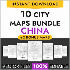 Pacote de 10 mapas de cidades da China, mapas de cidades vetoriais editáveis, pôster de mapa personalizado para impressão, mapas de ruas de cidades, PDF, AI, Pequim, Xangai, Shenzhen