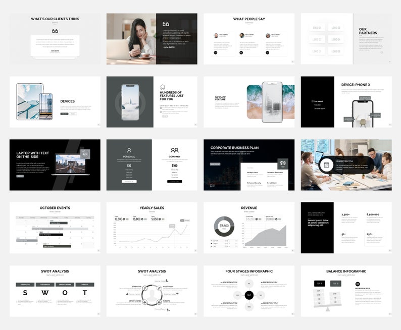 - Testimonials,
- Our Partners,
- Mockup Devices,
- Our App Features,
- Pricing Plans,
- Montly Calendar,
- Yearly Sales Chart,
- Revenue Chart,
- Statistics,
- Swot Analisys,
- Infographics,