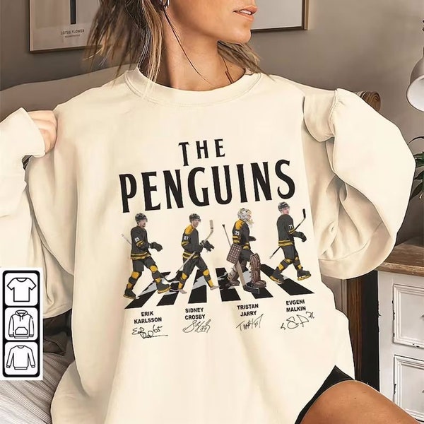 Penguins Walking Abbey Road handtekeningen ijshockeyshirt, Erik Karlsson, Sidney Crosby, Evgeni Malkin, Jarry, Pittsburgh Vintage