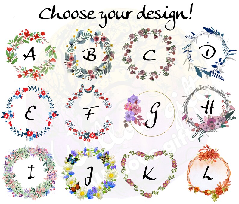 May include: Twelve different floral wreath designs with letters A through L in the center of each wreath. The wreaths are in various colors, including red, blue, green, pink, and white.