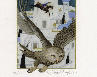 Fine Art Print - OWL and FLYING HORSE - 1001 Arabian Nights by Olga Dugina
